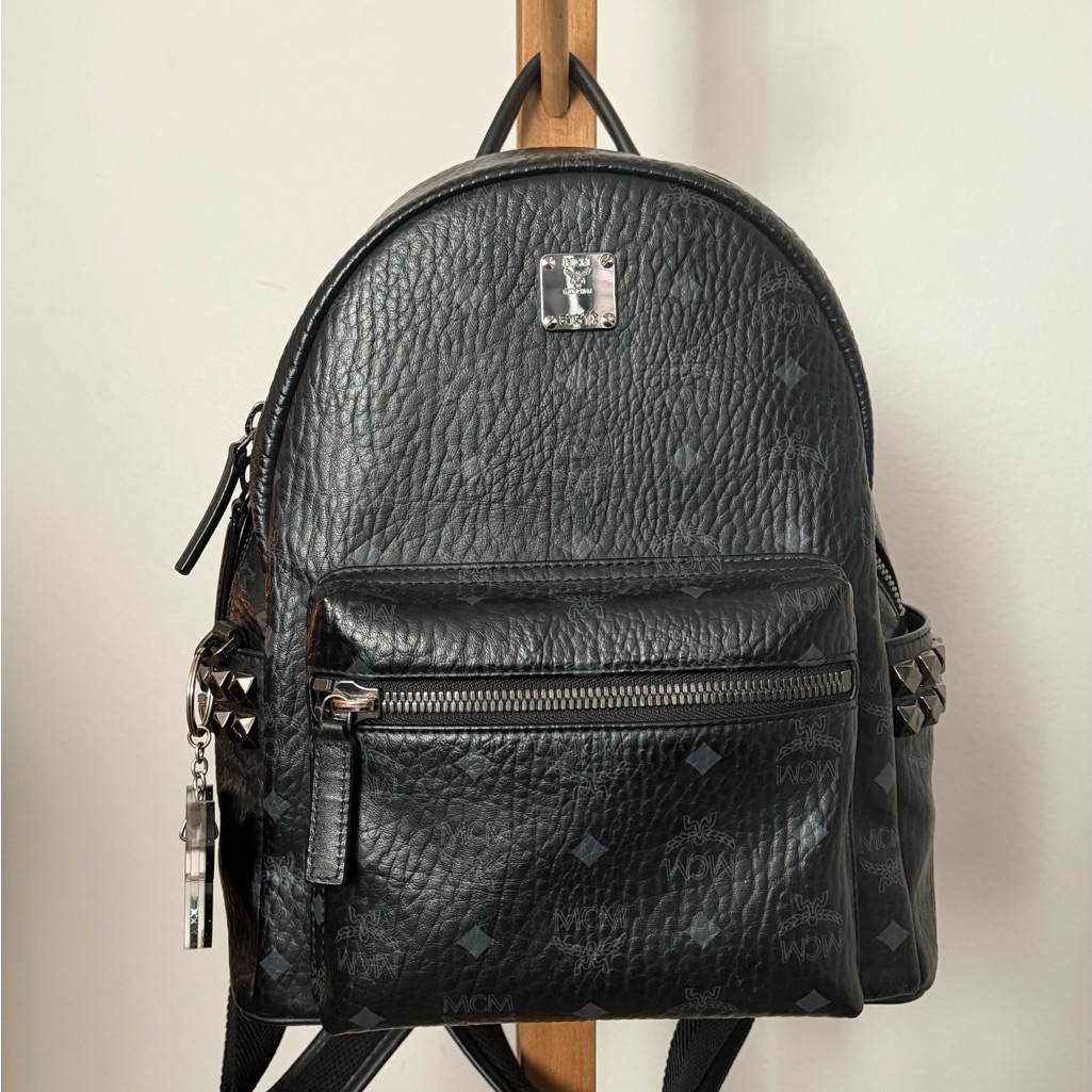 Mcm Black Logo-Print Leather Backpack With Stud Accents